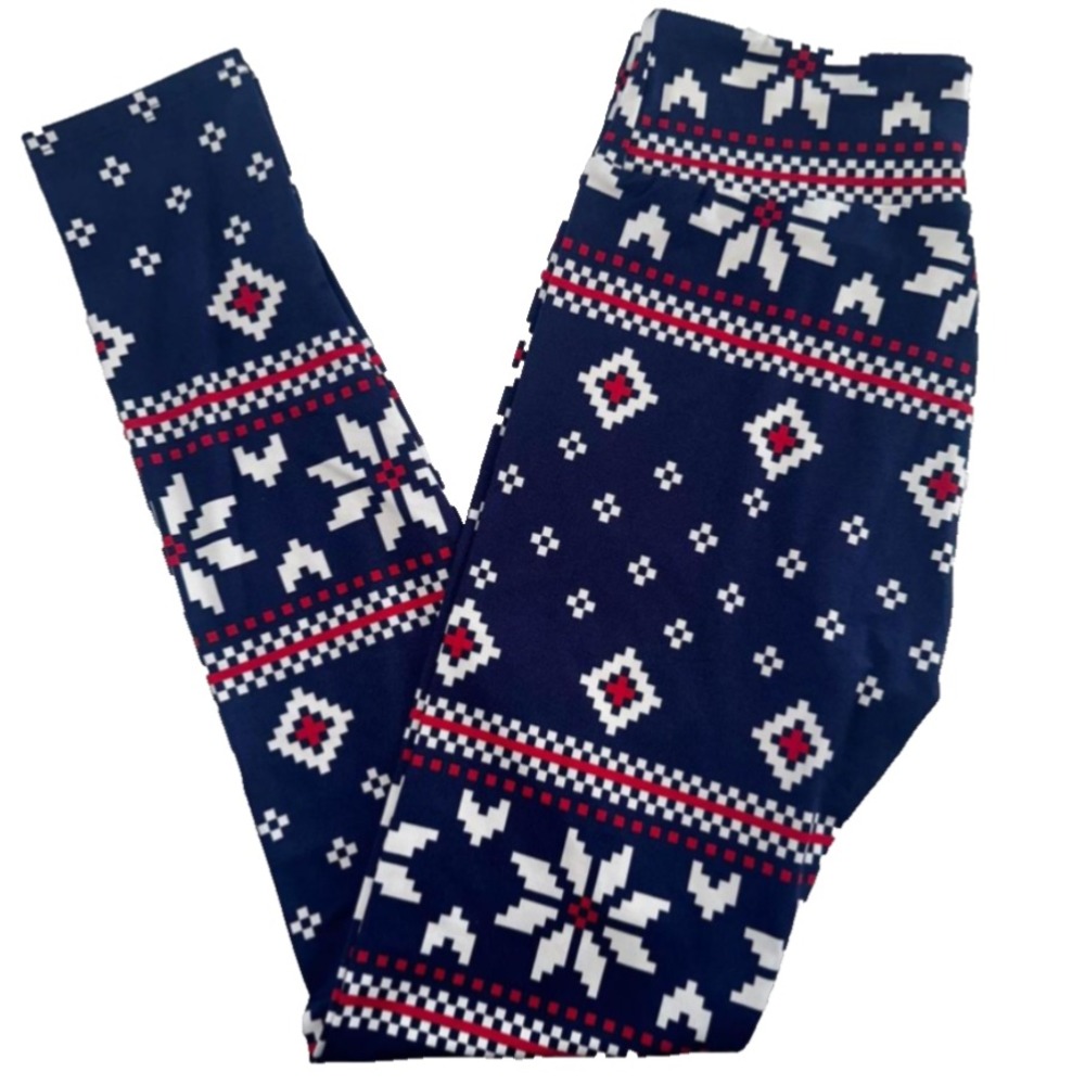 LuLaRoe Womens Leggings Size TC Blue Fair Isle Snowflakes Christmas Holiday NWT